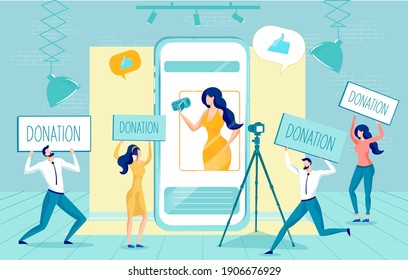 Donations. Blogger Video Channel Development due to Investment and Sponsorship. Tiny People Offer Support. Woman Vlogger Streamer on Screen. Money for Videobloggers. Vector Illustration