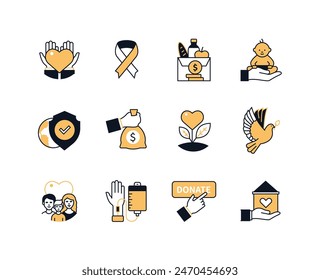 Donaciones y cuidado de los demás - iconos de estilo de diseño de línea establecidos con trazo editable. Caridad y filantropía, amor, donación de alimentos, adopción, donación de sangre, paloma como símbolo de paz, Asistencia financiera