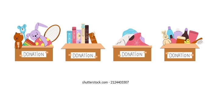 Donations carton boxes full of child toys, clothing, cosmetics and books. Help and support for low-income families and orphans. Charity concept. Flat vector illustration isolated on white background