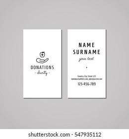 Donations and charity business card design concept. Logo with hand and apple. Vintage, hipster and retro style.