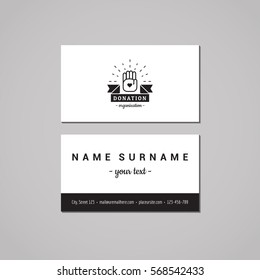 Donations and charity business card design concept. Logo with hands and ribbon. Vintage, hipster and retro style.