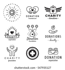 Donations and charity logo vintage vector set. Hipster and retro style.