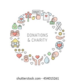 Donations and charity multicolored circle frame (background). Clean and simple outline design.