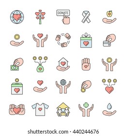 Donations and charity multicolored outline icon set. Clean and simple outline design.