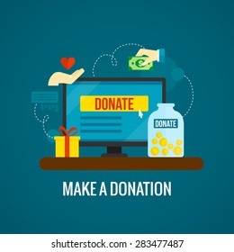 Donations and charity online concept with laptop icon on green background flat vector illustration 
