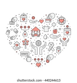 Donations and charity (red and gray) heart illustration (background). Clean and simple outline design.