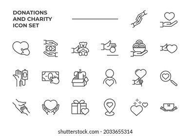 Icono de conjunto de donaciones y caridad, Donaciones aisladas y símbolo de la organización benéfica, ilustración vectorial