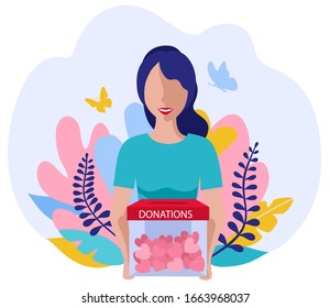 Donations and charity. Vector volunteering concept with flat girl with hearts. Hearts in hand. Donation box. Donate, giving money and love. 