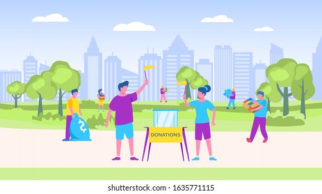 Donations collection vector illustration, different people donate things to charity. Men and women in city park carry to activists money, boxes with groceries, books, toys.