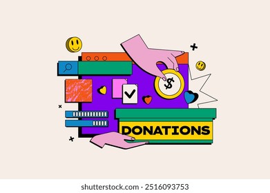 Donations concept in the flat cartoon style. Charity donation illustration with hand holding dollar coin, donation box, hearts and other symbols. Vector illustration.