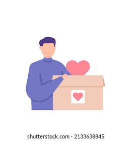 donations, humanitarian aid, alms. donation box. a generous man gives a favor or heart. donors and volunteers. charity event. flat cartoon illustration. concept design