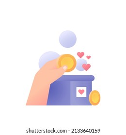 donations, humanitarian aid, alms. donation box. a benefactor donates money. money donation. economic aid. donors and volunteers. charity event. flat cartoon illustration. concept design