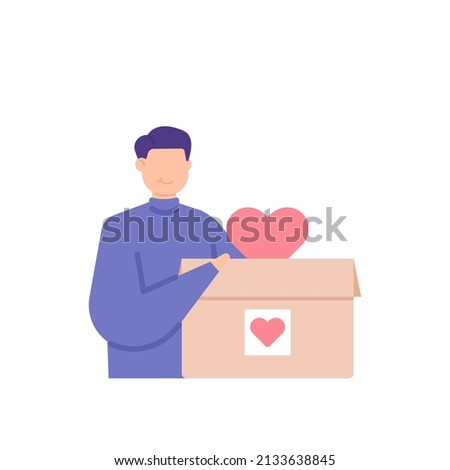 donations, humanitarian aid, alms. donation box. a generous man gives a favor or heart. donors and volunteers. charity event. flat cartoon illustration. concept design
