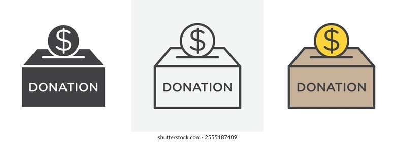 Donations icon collection in black and colored style.