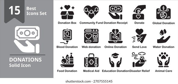 Donations Icon set. Including donate, charity, fund, fundraising, support and more. Solid vector icons collection.