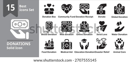 Donations Icon set. Including donate, charity, fund, fundraising, support and more. Solid vector icons collection.