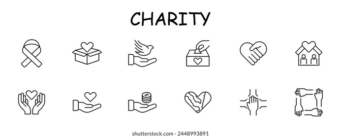 Donations icon set. Ribbon, fight cancer, hands, heart, offer, box, support, house, teamwork, bird, money, support. The concept of good nature and helping others. Vector line icon.