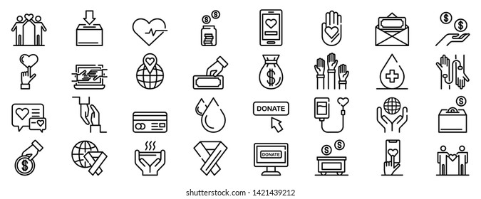 Donations icons set. Outline set of donations vector icons for web design isolated on white background