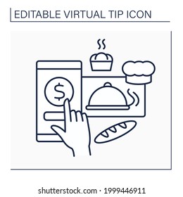Donations line icon. Online contributions for bakery. Digital money for delicious and fresh pastries. Compliment for baker. Virtual tips concept. Isolated vector illustration. Editable stroke