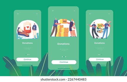 Plantilla de pantalla de la página de aplicaciones móviles de Donaciones a bordo. Personajes de voluntarios donan comida, ayuda y sangre para apoyar a refugiados, caridad, concepto de filantropía. Ilustración de vectores de personas de caricatura