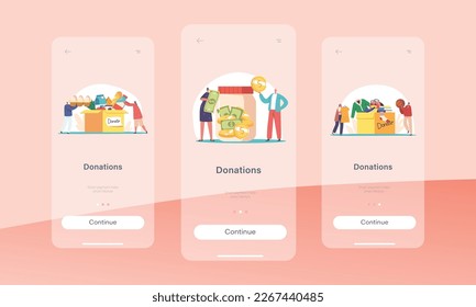 Donations Mobile App Page Onboard Screen Template. Tiny People Filling Cardboard Box with Clothes, Food and Money to Help Poor People. Volunteering and Charity Concept. Cartoon Vector Illustration