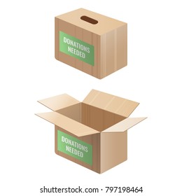 Donations needed sign on wooden and cardboard box