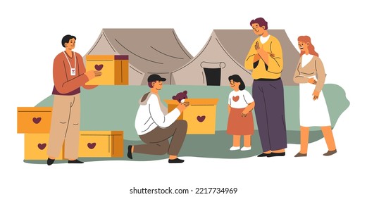 Donations for refugees, volunteers helping family. People giving present to small girl kid. Man with box of personal stuff for child. Charity and support in difficult times. Vector in flat style