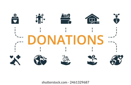 Spenden eingestellt. Kreative Symbole. Editierbare Elemente.