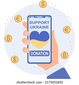 Donations For Ukraine Concert, Support Of The Ukrainian People. Using A Mobile Phone, Smartphone You Can Express Support For Ukraine. Vector Illustration Isolated On A White Background.