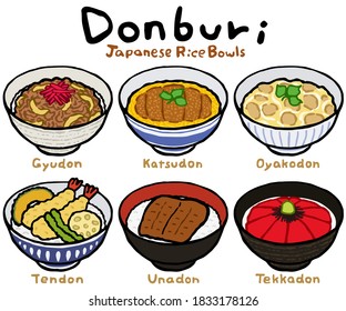 Donburi (Japanese Rice Bowl) Set:Hand drawn vector illustration like woodblock print