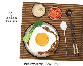 Donburi pork rice bowl with egg, lettuce toping 