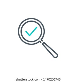 done check mark with magnifier glass outline flat icon. Single quality outline logo search symbol for web design or mobile app. Thin line design logo sign. Loupe lens icon isolated on white background