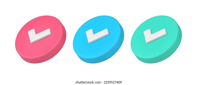 Done check mark positive vote acceptance agreement checkbox 3d icon set realistic vector illustration. Correct choice confirmation round button questionnaire solution right select permission choose
