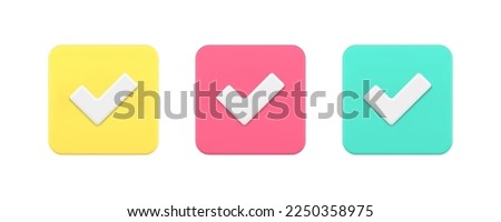 Done check mark squared button agreement checkbox checklist correct choice 3d icon set realistic vector illustration. Confirmation shape element achievement accept right positive success badge