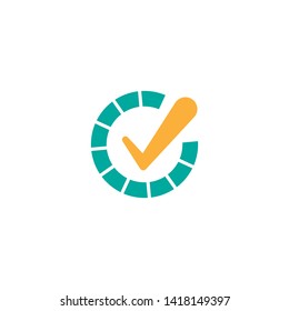 Done check mark. Valid seal icon. orange  tick in blue circle. Flat OK sticker icon. Isolated on white. Finished process. Good for web and software interfaces. Vector illustration.