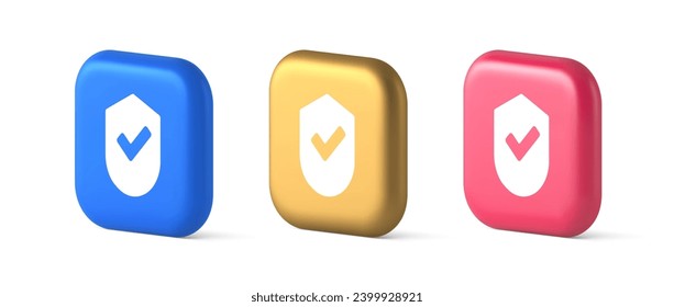 Done checkmark shield button success protection approved password web app 3d realistic blue gold and pink icons. Certified guard correct data accept insurance check mark