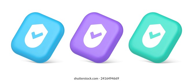 Done checkmark shield button success protection approved password web app 3d realistic blue purple and green icons. Certified guard correct data accept insurance check mark