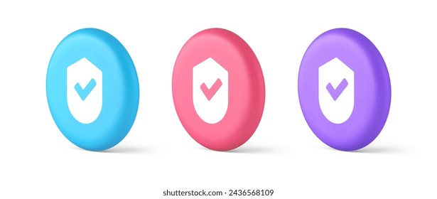 Done checkmark shield button success protection approved password web app 3d realistic blue pink and purple icons. Certified guard correct data accept insurance check mark