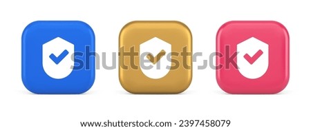 Done checkmark shield button success protection approved password web app 3d realistic blue gold and pink icons. Certified guard correct data accept insurance check mark