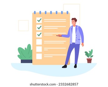 Done conclusions. Businessman holding pencil and do checkmark on whiteboard survey questionnaire progress or project completion, finish work task goal concept vector illustration of check and mark