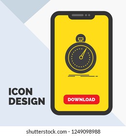 Done, fast, optimization, speed, sport Glyph Icon in Mobile for Download Page. Yellow Background