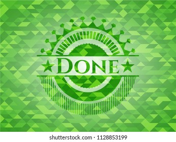 Done green emblem with triangle mosaic background