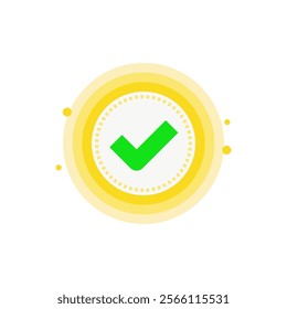 Done icon, yellow circle with green check mark. Represent success or completion. Graphic elements for user interface pages, infographics, icons,etc