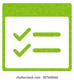 Done Items Calendar Page grainy textured icon for overlay watermark stamps. Flat symbol with dust texture. Dotted vector eco green ink rubber seal stamp with grunge design on a white background.