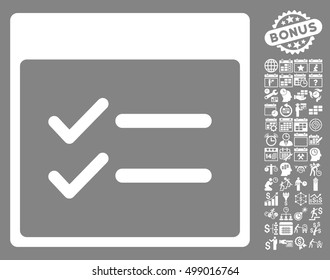 Done Items Calendar Page icon with bonus calendar and time management icon set. Vector illustration style is flat iconic symbols, white, gray background.