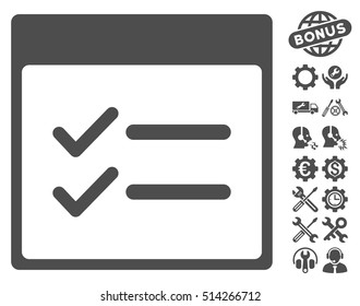Done Items Calendar Page icon with bonus configuration pictograms. Vector illustration style is flat iconic symbols, gray, white background.