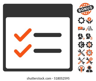 Done Items Calendar Page icon with bonus service clip art. Vector illustration style is flat iconic symbols, orange and gray, white background.