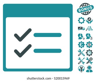 Done Items Calendar Page icon with bonus configuration pictograph collection. Vector illustration style is flat iconic symbols, soft blue, white background.