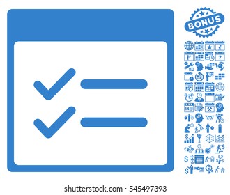 Done Items Calendar Page icon with bonus calendar and time management pictograph collection. Vector illustration style is flat iconic symbols, cobalt, white background.