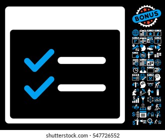 Done Items Calendar Page icon with bonus calendar and time management icon set. Vector illustration style is flat iconic symbols, blue and white, black background.